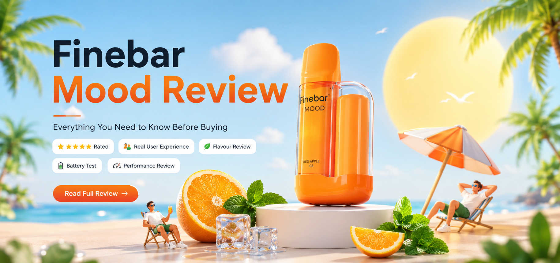Hayati Finebar Mood review with 3 happy people holding vape pods. Keywords: Hayati, Finebar, vape, e-liquid, flavors.