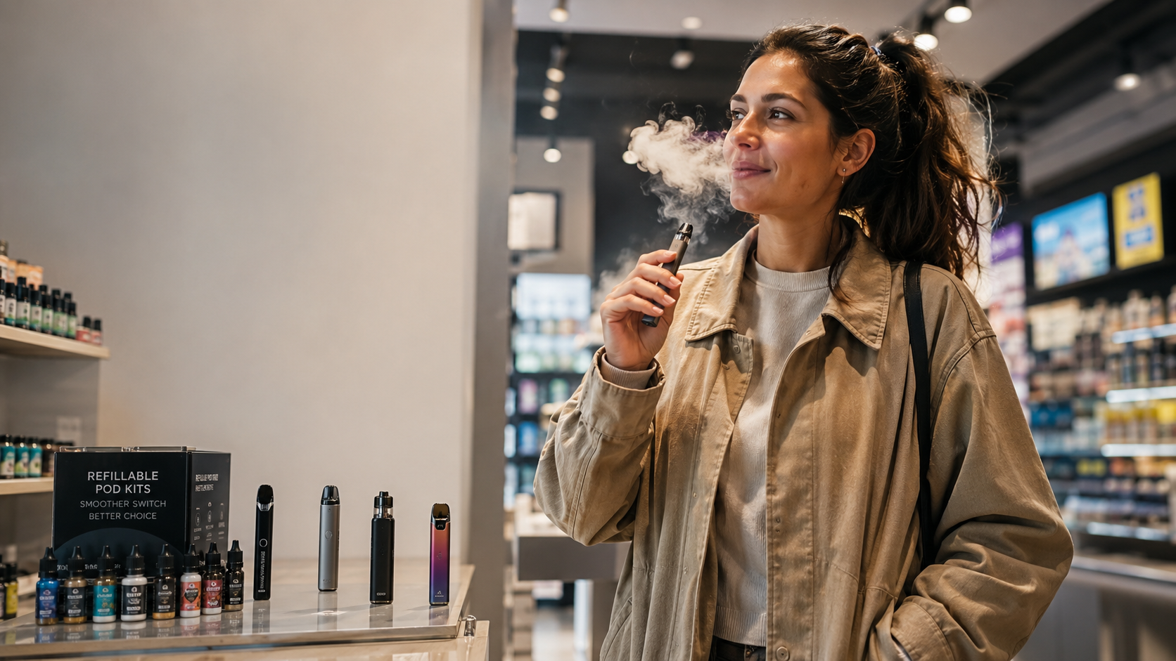 Woman vaping in a store showcasing various Best Pod Vape Kits and e-liquids on display.