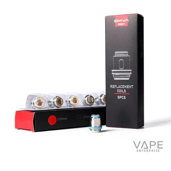 OXVA Unipro 0.15 ohm mesh replacement vape coils with packaging and five coils displayed