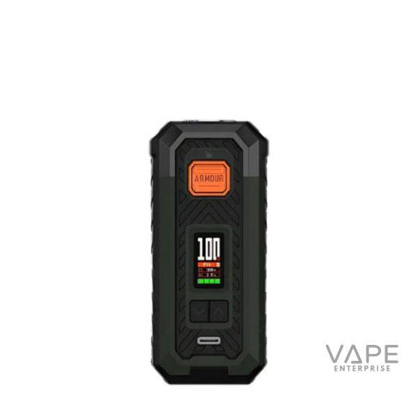 Black and green electronic vape mod with digital display showing 100 watts and Armours branding