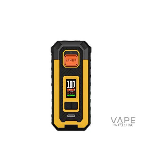 Yellow and black ARMOUR vape mod with digital screen showing 100 watt power setting