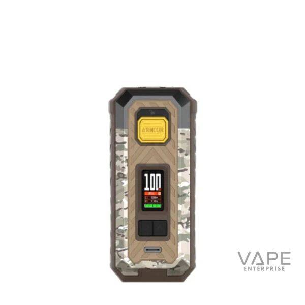 Brown camo vape mod device with digital display showing power and battery life on white background