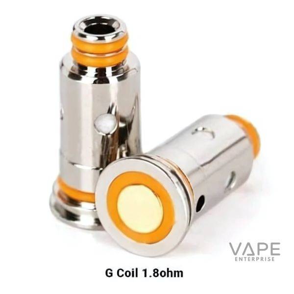 Two silver G Coil 1.8 ohm vape replacement coils with orange rubber seals on white background