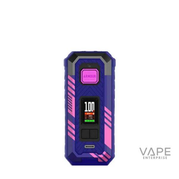 Blue and pink ARMOUR vaping device with digital display showing 100 watts by Vape Enterprise