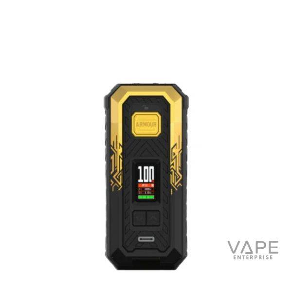Black and gold ARMOUR vaping device with digital display and tribal design accents