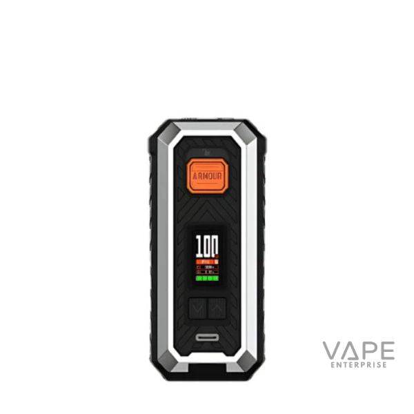 Silver and black Armour mod vape device with digital screen and control buttons on white background