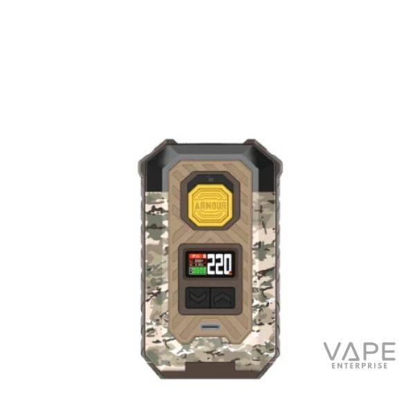 ARMOUR MAX MOD camo brown vape device with digital screen displaying 220 watts, controls, and rugged design