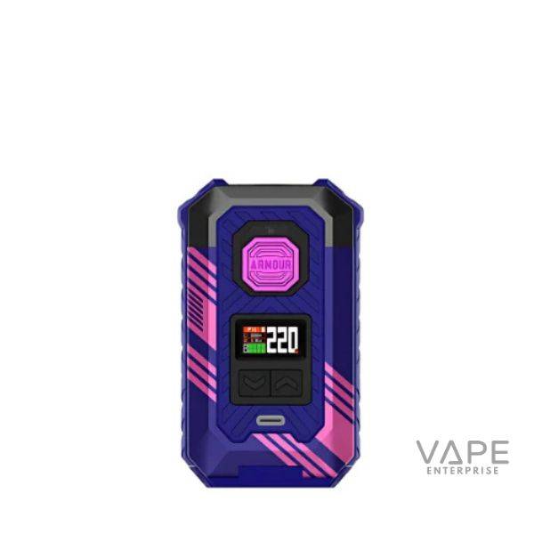 Cyber blue Armour Max vaping mod with digital display showing 220W and pink diagonal stripes
