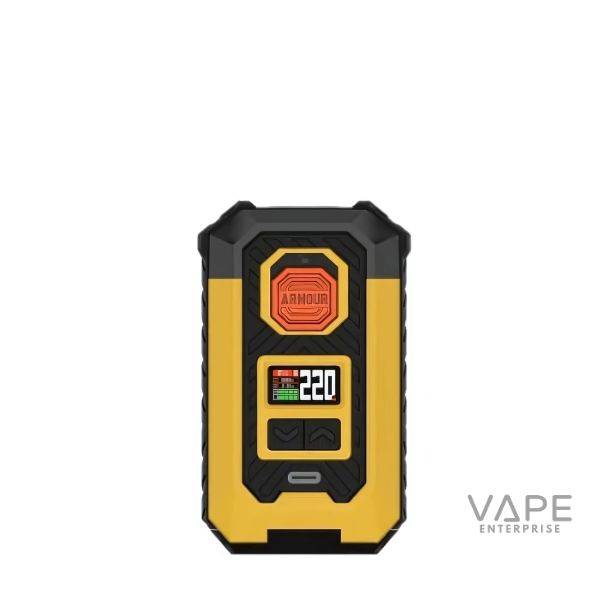 ARMOUR MAX MOD Cyber Gold vape device with digital display showing 220 watts, black and gold design