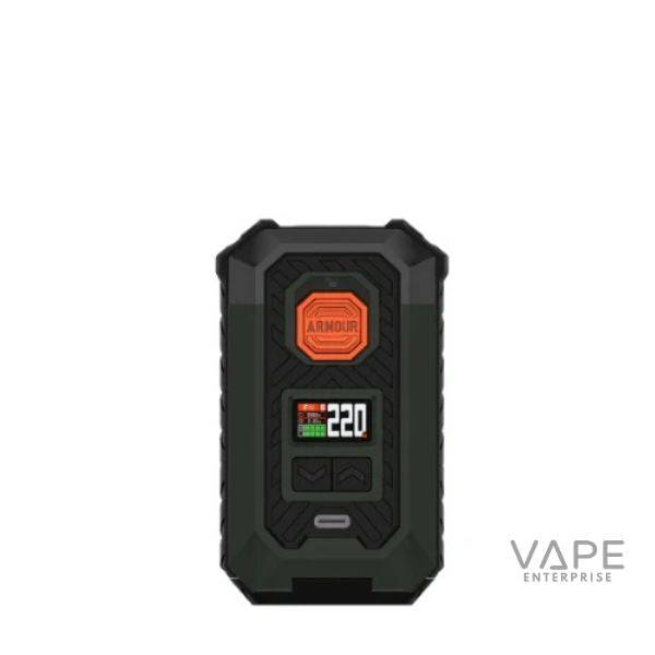 ARMOUR Max MOD green vape device with digital display and control buttons on white background