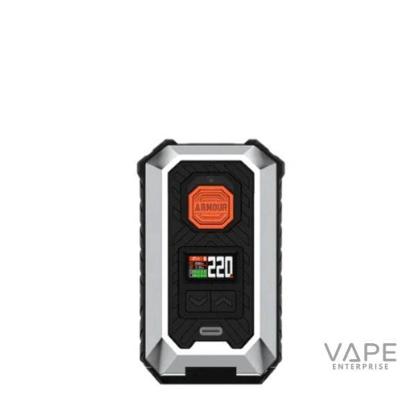 Silver Armour Max vape mod with digital display showing 220 watts, black and orange accents