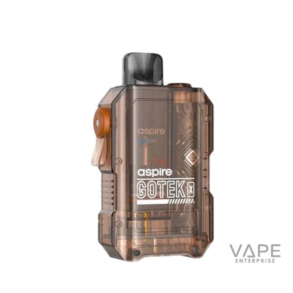 Aspire GOTEK X Amber transparent vape pod device with black mouthpiece on white background