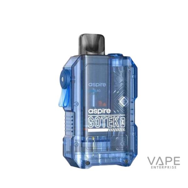 Blue Aspire GOTEK X vape pod with transparent casing and black mouthpiece on white background