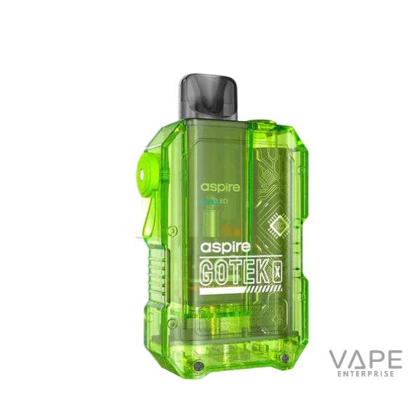 Transparent green Aspire Gotek X vape device with visible internal components and black mouthpiece