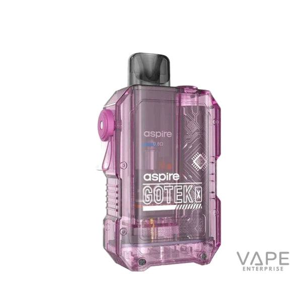 Aspire GOTEK X Lavender transparent purple vape pod device with black mouthpiece on white background