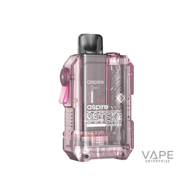 Pink Aspire Gotek vaping device with transparent casing and black mouthpiece on white background