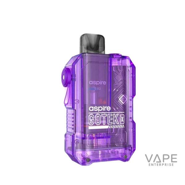 Purple transparent Aspire Gotek X vape pod device with black mouthpiece on white background