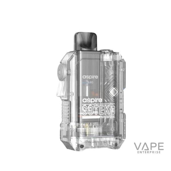 Transparent Aspire Gotek vape pod device showing internal components and vape enterprise logo