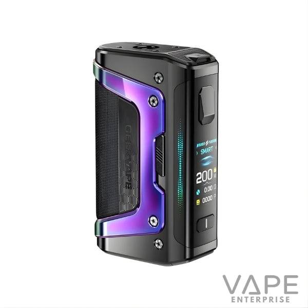 Compact black and iridescent purple vaping device with digital display showing 200W power