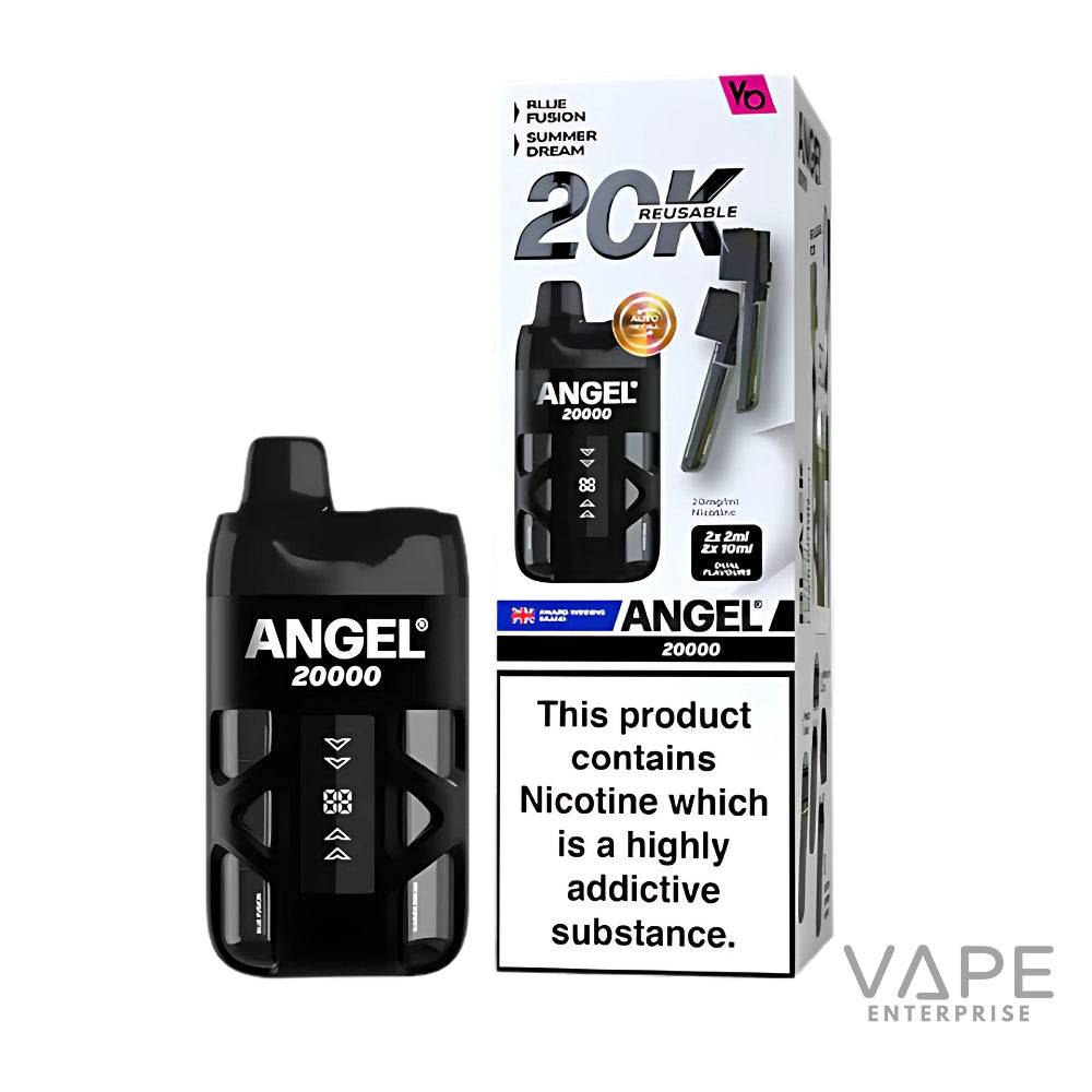 Black Angel 20000 reusable prefilled pod vape kit with nicotine warning and flavor options