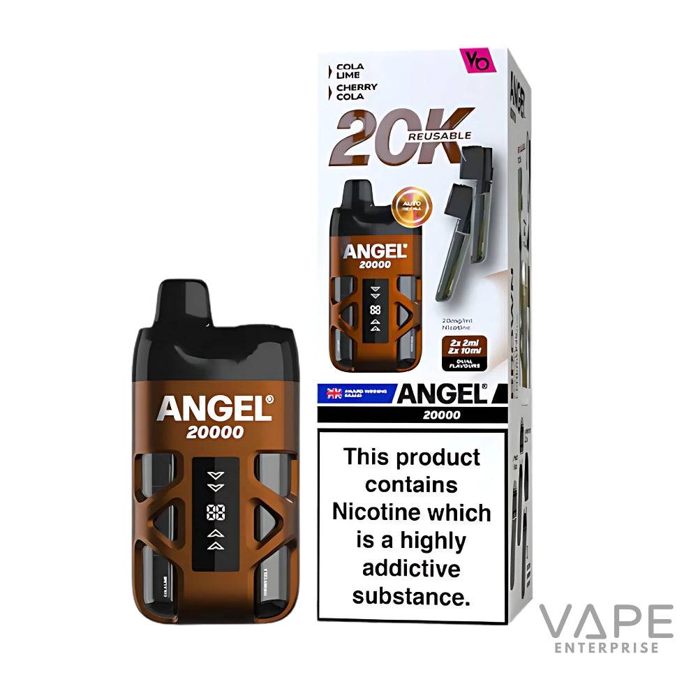 Brown Angel 20000 reusable prefilled pod vape kit with nicotine warning on packaging
