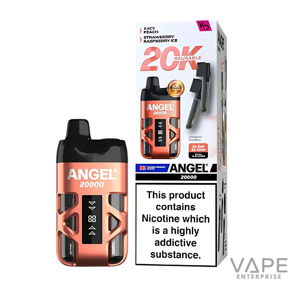 Angel 20000 reusable prefilled pod vape kit in coral with nicotine warning on box