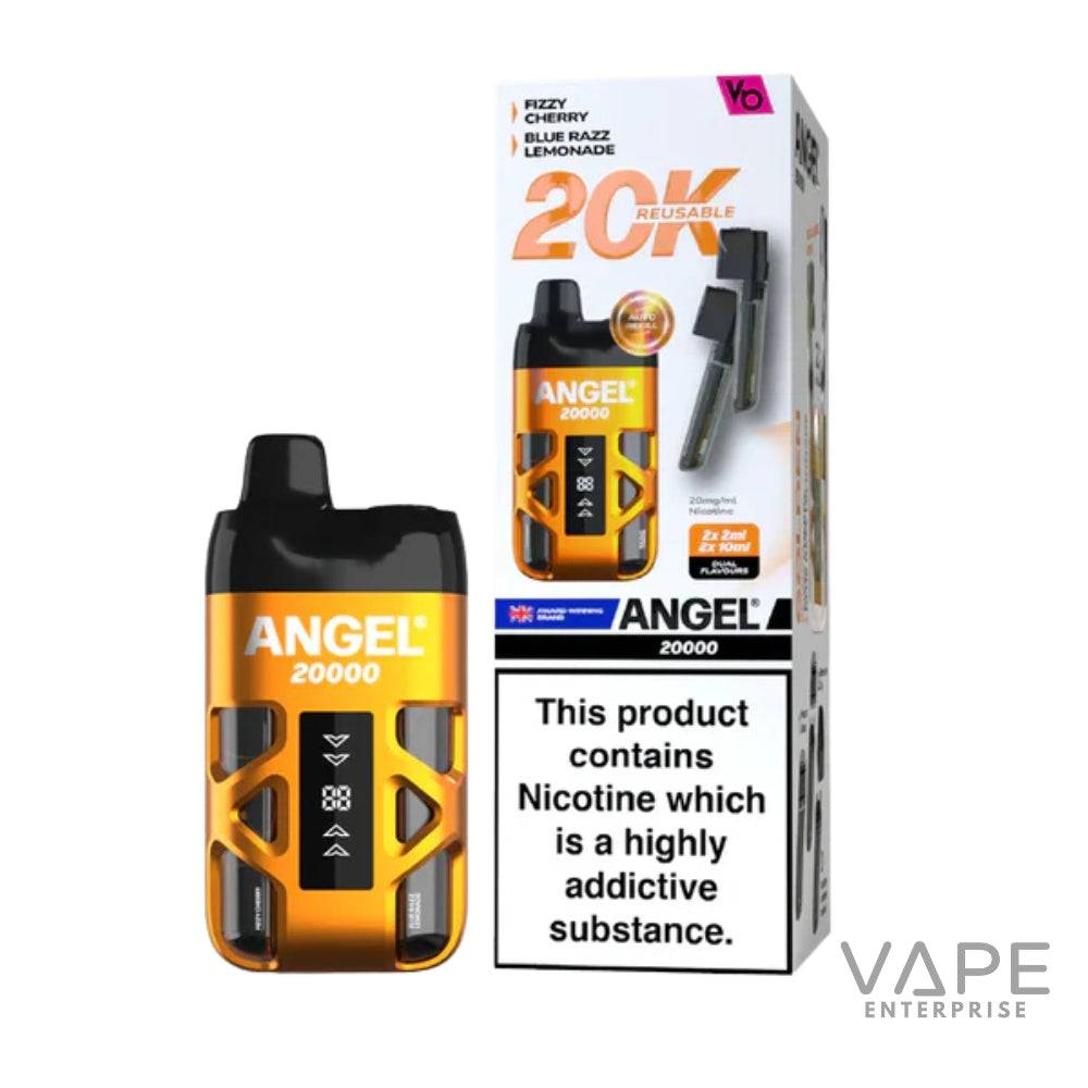 Angel 20000 reusable vape pod kit in golden edition with nicotine warning on packaging