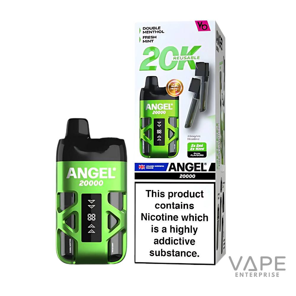 Angel 20000 green reusable prefilled pod vape kit with double menthol flavor and nicotine warning