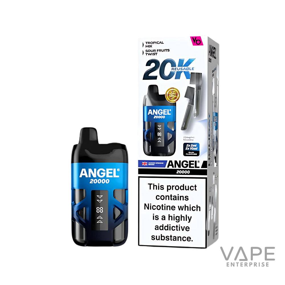 Angel 20000 reusable vape pod kit with nicotine warning and tropical mix flavor on white background