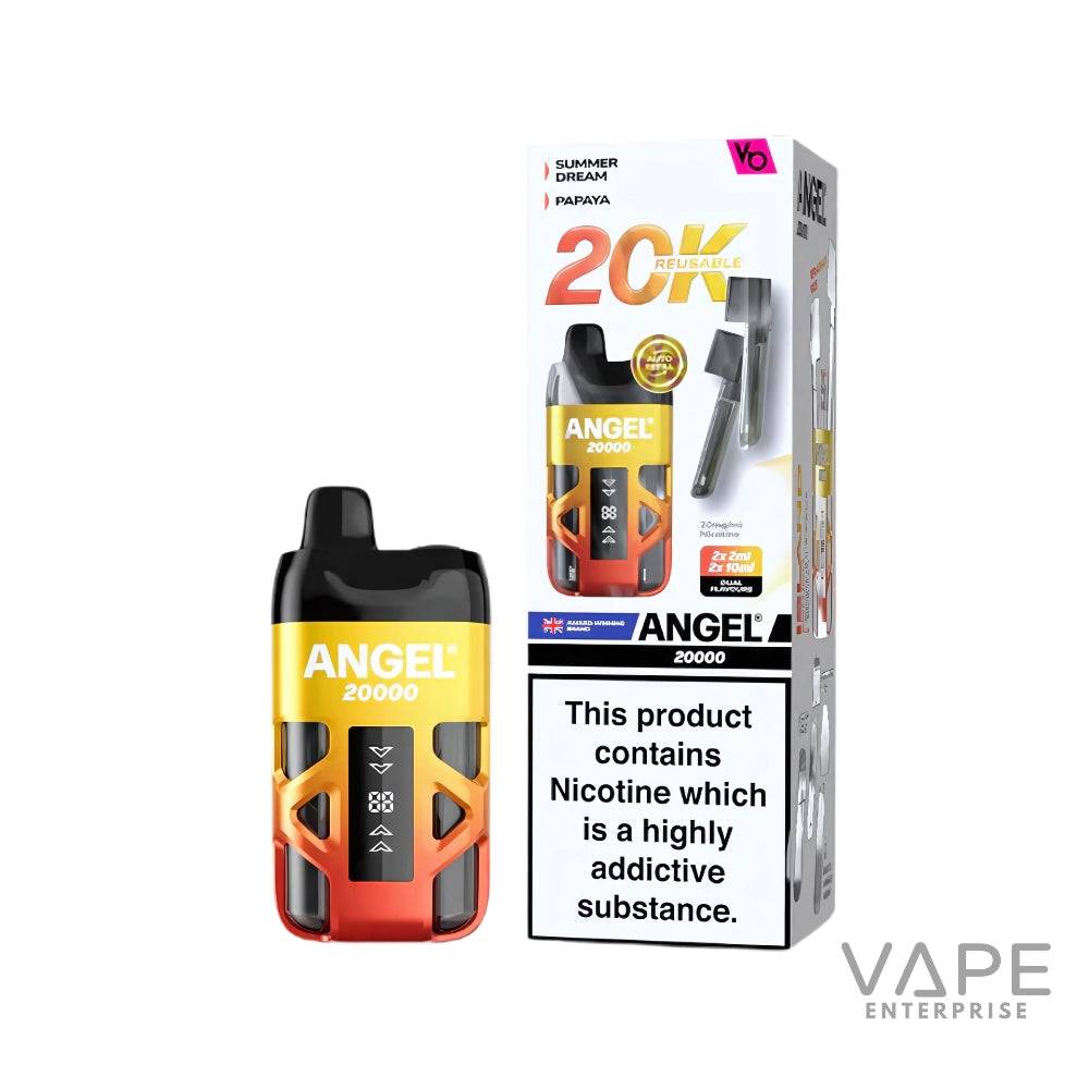 Angel 20000 disposable vape pen and packaging with nicotine addiction warning