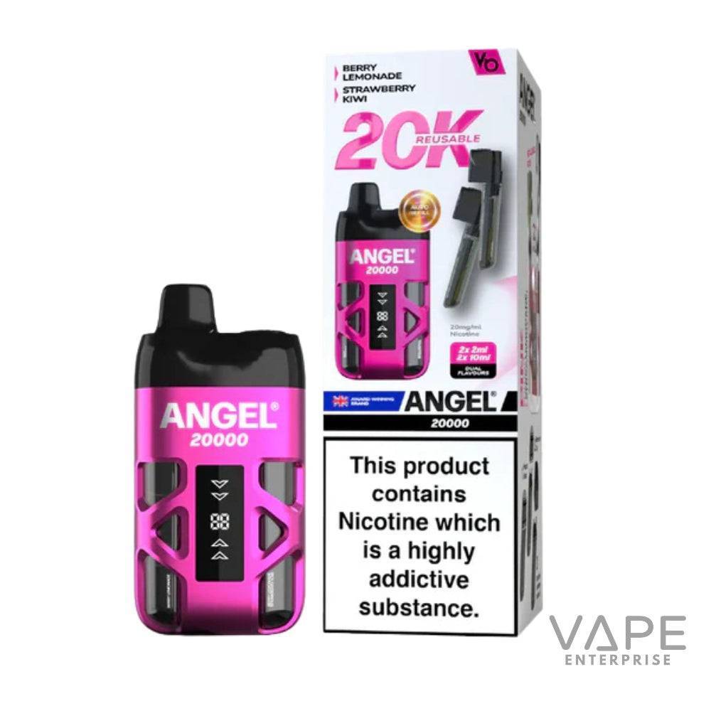 Pink Angel 20000 reusable prefilled pod vape kit with nicotine warning and dual flavor options