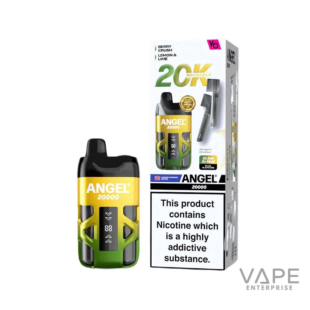 Angel 20000 reusable pod vape kit in green and gold with Berry Crush and Limon Lime flavors