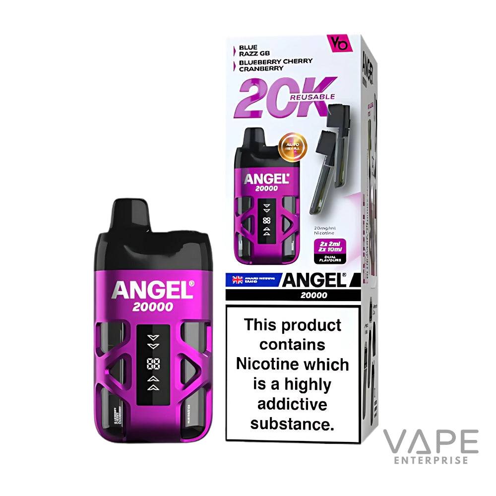 Angel 20000 purple prefilled pod vape kit with box showing blueberry cherry cranberry flavors and nicotine warning
