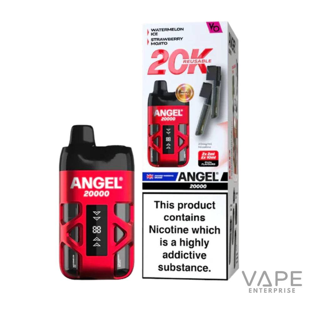 Angel 20000 red reusable prefilled pod vape kit with watermelon ice and strawberry mojito flavors