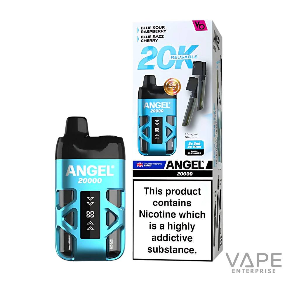 Angel 20000 blue prefilled pod vape device and packaging with flavor options and nicotine warning