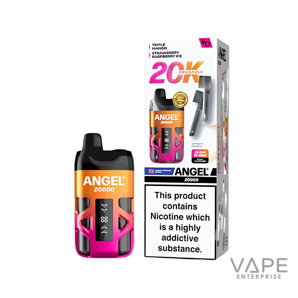 Angel 20000 disposable vape device and packaging with 20K puffs and nicotine warning