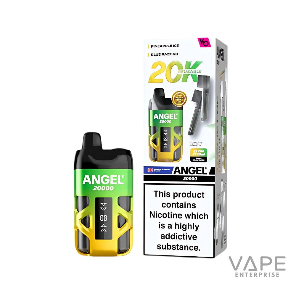 Angel 20000 reusable vape device in green and gold with nicotine warning on packaging