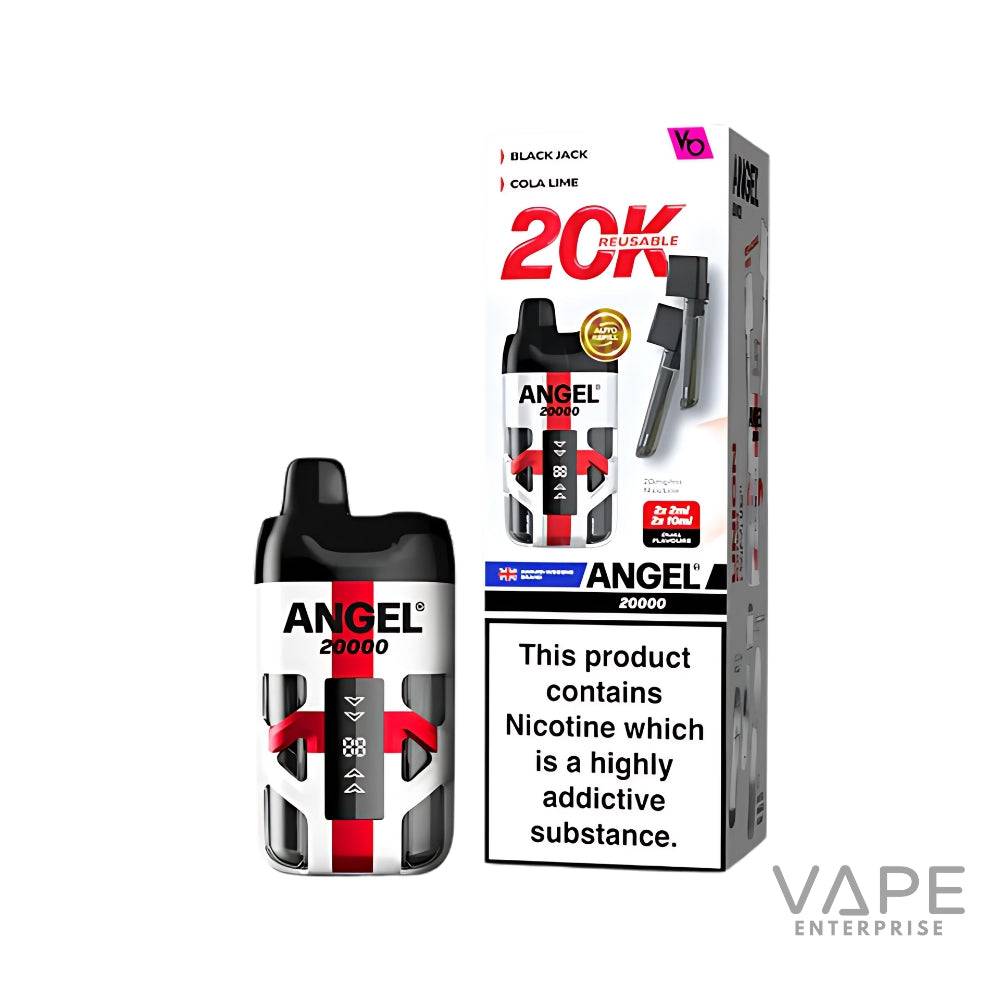Angel 20K reusable prefilled pod vape kit with black and red design and nicotine warning
