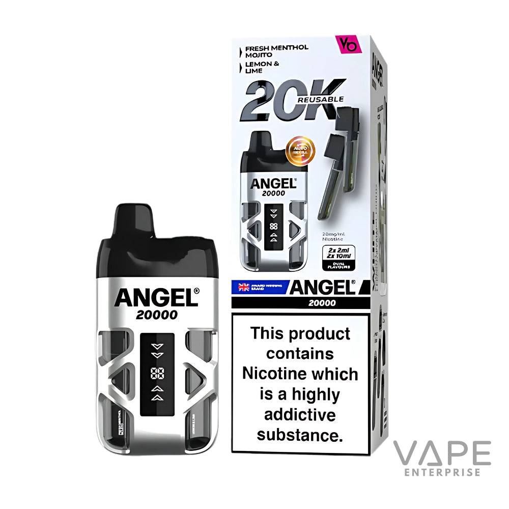 Angel 20000 reusable prefilled pod vape kit in white with nicotine warning on retail packaging