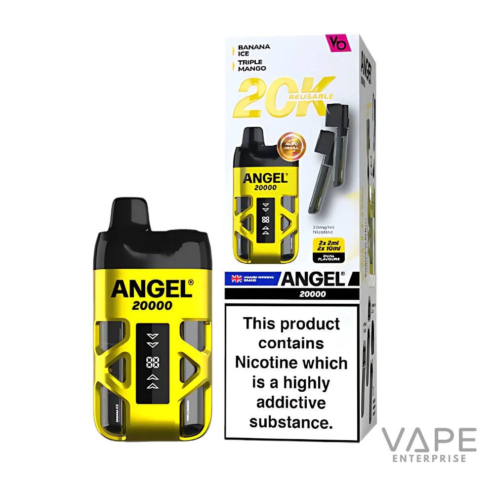 Yellow Angel 20000 reusable prefilled pod vape kit with nicotine warning on white box