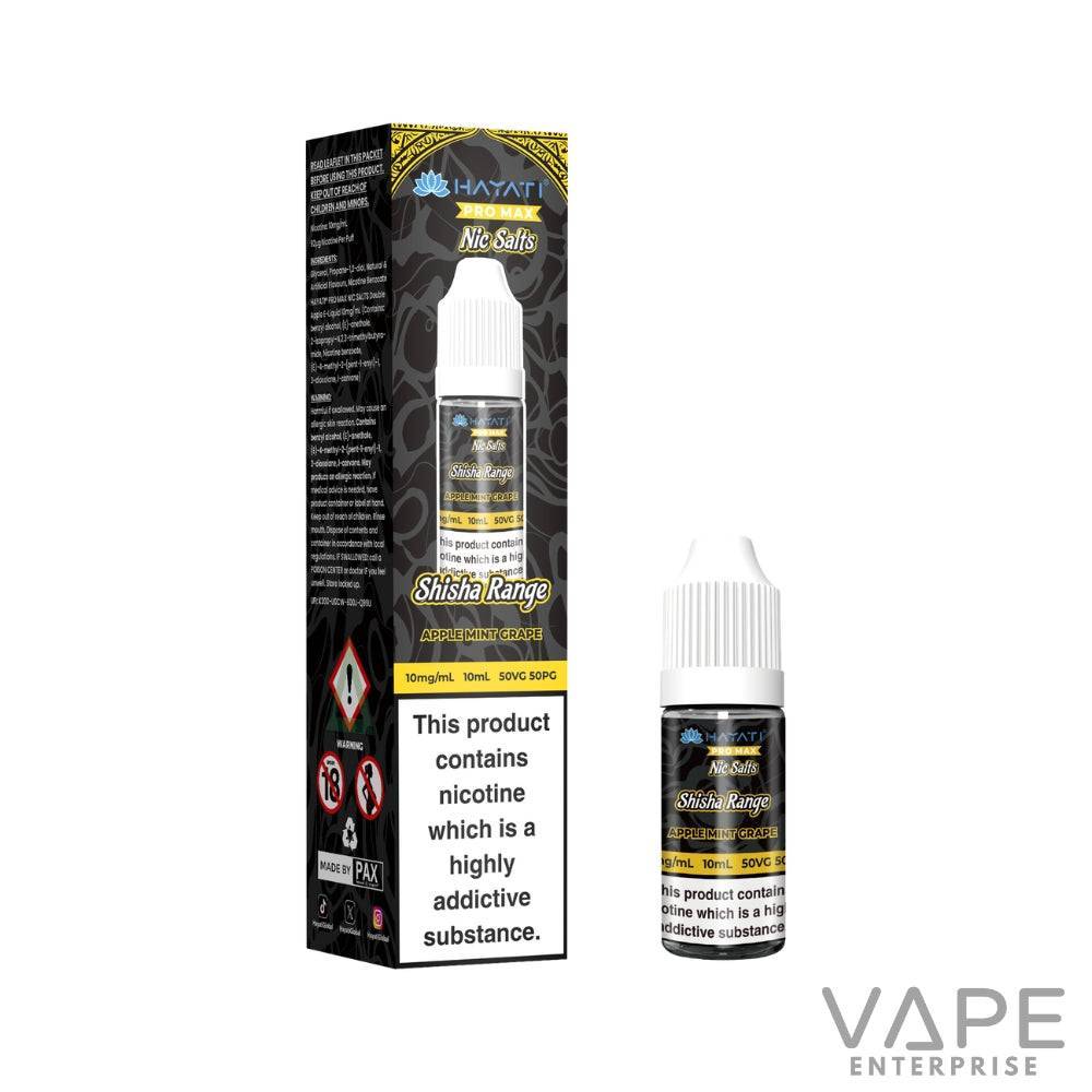 Hayati Pro Max Shisha Range Apple Mint Grape nicotine salt vape juice bottle and box