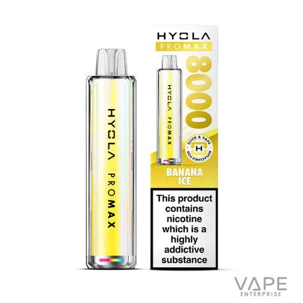 Hyola Pro Max 8000 disposable vape in Banana Ice flavor with nicotine warning label