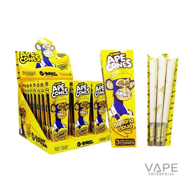 Yellow Ape Cones Banana Cloud pre-rolled cones packaging featuring cartoon ape on display box and three cones