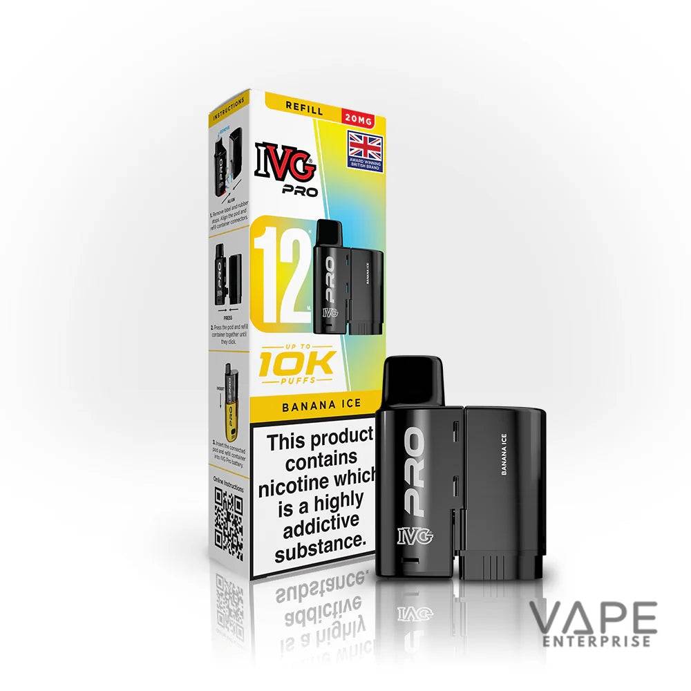 IVG Pro Banana Ice vape pods packaging with two black vape devices and nicotine addiction warning