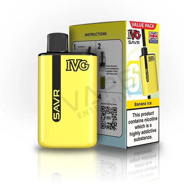 Yellow IVG SAVR Banana Ice vape device with black mouthpiece and packaging box with nicotine warning