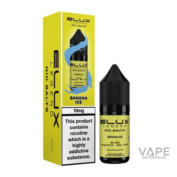Elux Legend Nic Salts Banana Ice 10mg vape liquid with packaging, refillable vape kit compatible