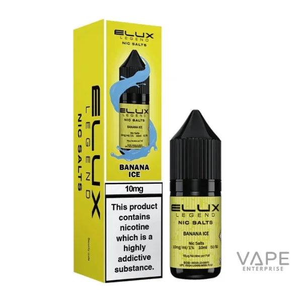 Elux Legend Nic Salts Banana Ice 10mg vape liquid with packaging, refillable vape kit compatible