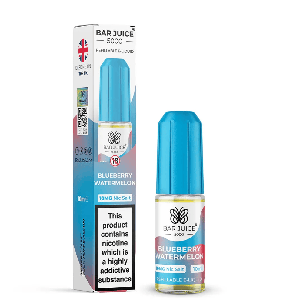 Bar Juice 5000 Blueberry Watermelon refillable e-liquid bottle and box with 10mg nicotine salt