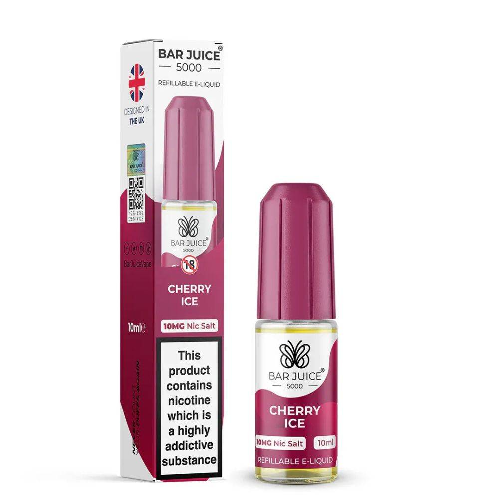 Bar Juice 5000 Cherry Ice refillable e-liquid bottle and box with 10mg nicotine salt