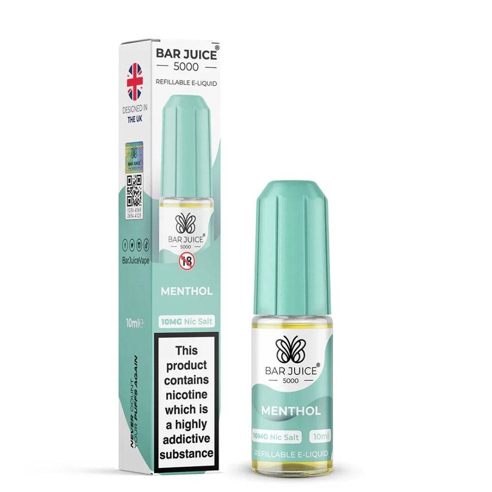 Bar Juice 5000 menthol refillable e-liquid 10ml bottle and packaging with nicotine warning